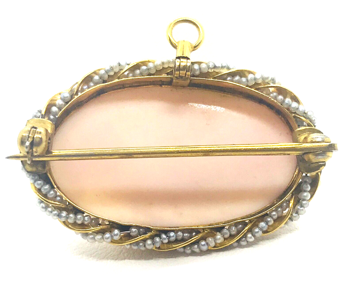 Pink Coral Sea Shell Cameo Seed Pearls 14k Yellow Gold Brooch Pin