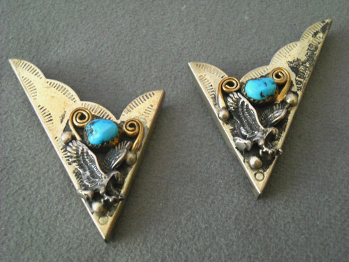 Native American Navajo Turquoise Sterling Silver Eagle Gold Scroll Collar Points
