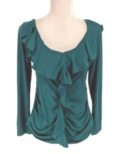 AB Studio Teal Blue Jersey Basic Fitted Ruffe Blouse Women Size M Long Sleeve