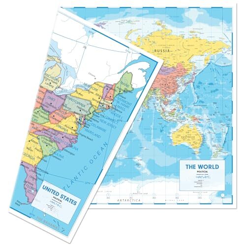 World & US Map – 36” x 25” Extra Large, Double Sided Map of