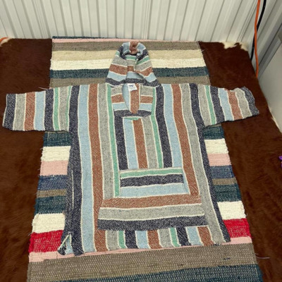 Vintage Mens L Hippie Spicoli Baja Surfer Poncho Woven Hoodie Made Mexico SFocus