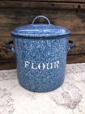 Vintage 1950s White & Blue Enamel Flour Bin Rustic Storage Container Approx 27cm