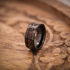 Hammered Dinosaur Bone & Meteorite ring, Unique Mens Wedding Band, Wooden Box