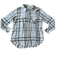 Rails Charli Linen Blend Plaid Button Up Shirt White Navy Blue Womens Size XS