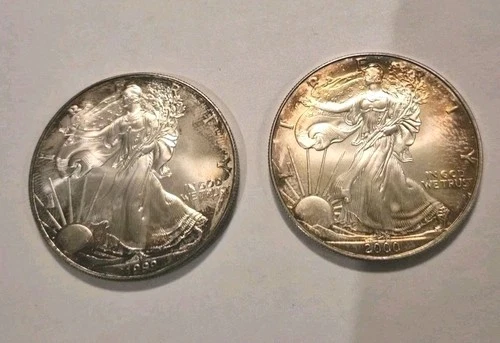 2) 1999 & 2000 American Silver Eagle Lot. Album Toning Gem UNCIRCULATED.