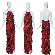 VERA WANG 2000 Vintage Silk Floral Ruffle Halter Evening Gown Maxi Dress