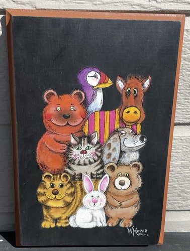 Whimsical Colorful Cartoon Animal Family Reunion Painting Wood Plaque Folk Art - Picture 1 of 4