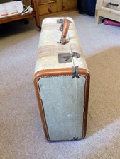 Brown/Yellow Tweed Double Stripe Vintage Leather Suitcase Luggage 21x14x7
