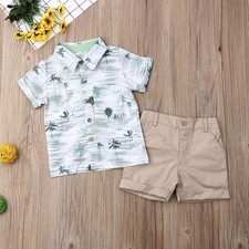 2PCS Toddler Boy Summer Clothes Button Lapel Print Shirt Solid Shorts Outfit Set