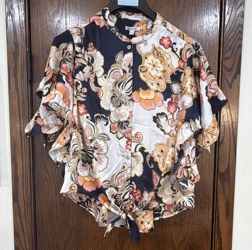 Chico's Navy Baroque Floral Collared Button Front Flutter Sleeve Tie Blouse Sz 2