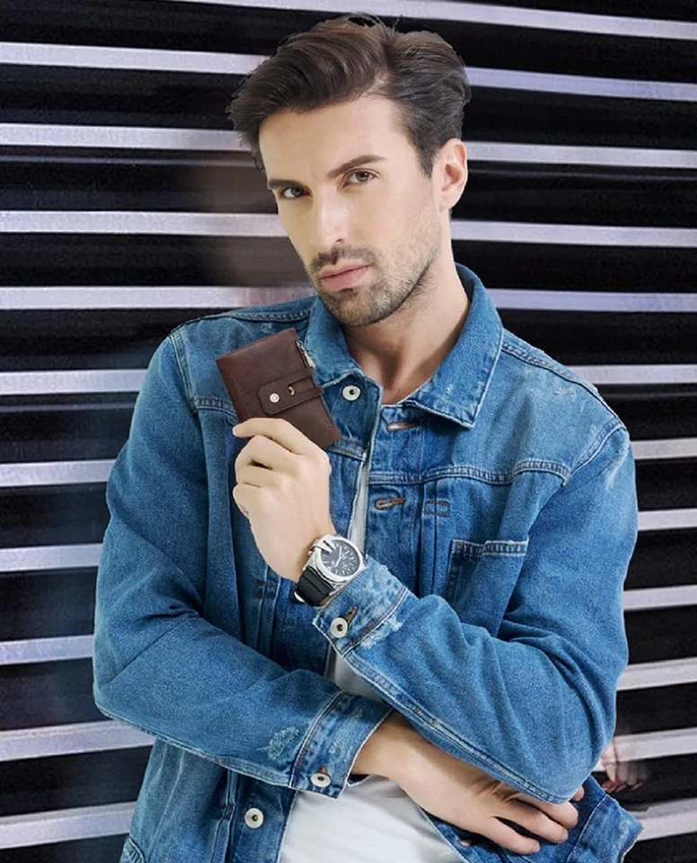 Men's Genuine Leather Wallet RFID Blocking Wallet for Men 2 Zipper Compartment - Image 2 of 4