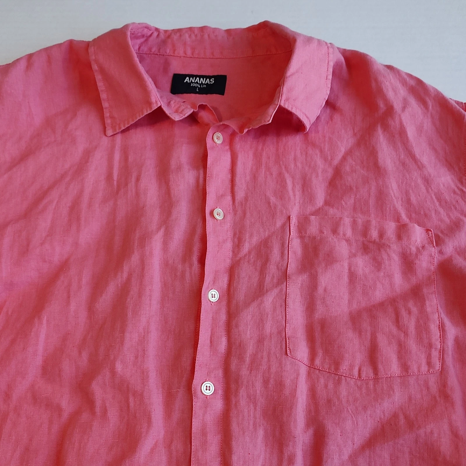 Ananas Linen Shirt Mens Large Pink Button Up Long Sleeve Beach Summer