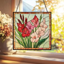 Square Floral Stained Glass Suncatcher Handmade Gladiolus Window Panel Garden