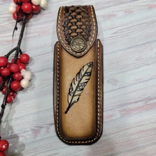 KNIFE SHEATH GENUINE LEATHER 5.5' FOLDING POCKET KNIFE HOLDER HANDMADE FEATHER 