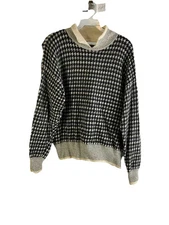 VTG 80s Womens Medium Wool Houndstooth Plaid Collared Sweater Money Equestrian