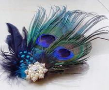 FLAPPER PEACOCK CLIP-Peacock Feather Hair Clip, Approximately 7" Long