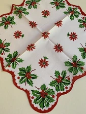 Festive New CHRISTMAS LuRay Handkerchief Hankie! Holly & Berries~ Scalloped Hem!