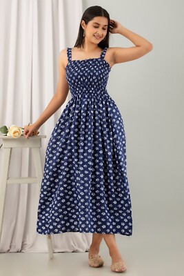 navy blue dress for baby girl Indigo Cotton Denim Sleeveless A-Line Midi Slit Dress 28