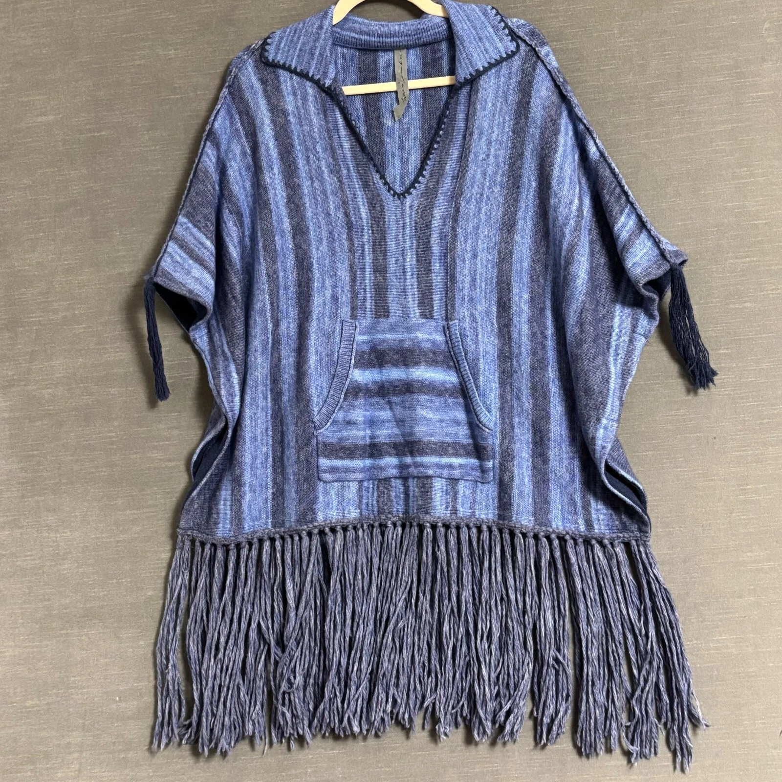 Raquel Allegra Sweater Poncho OS Blue Organic Wool Cashmere Boho Hippie Fringe
