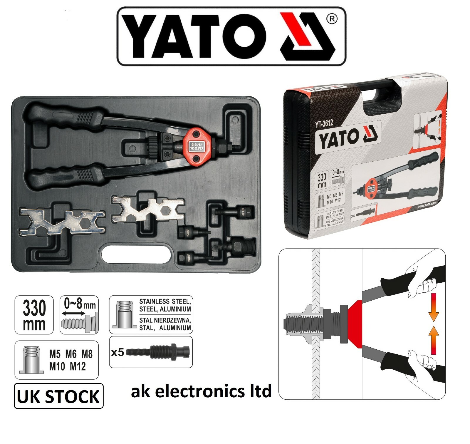 YATO Professional Heavy Duty Hand Nut Riveter M5 M6 M8 M10 and M12 Yt ...