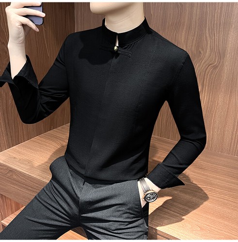 Chinese Style Stand-up Collar Shirt for Men Long Sleeves Business Casual Shirts - Picture 8 of 26