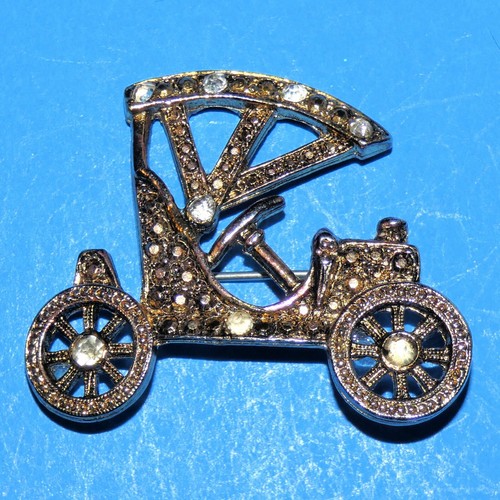 Vintage Car Brooch Pin Old Antique Automobile Coach Carriage Rhinestone