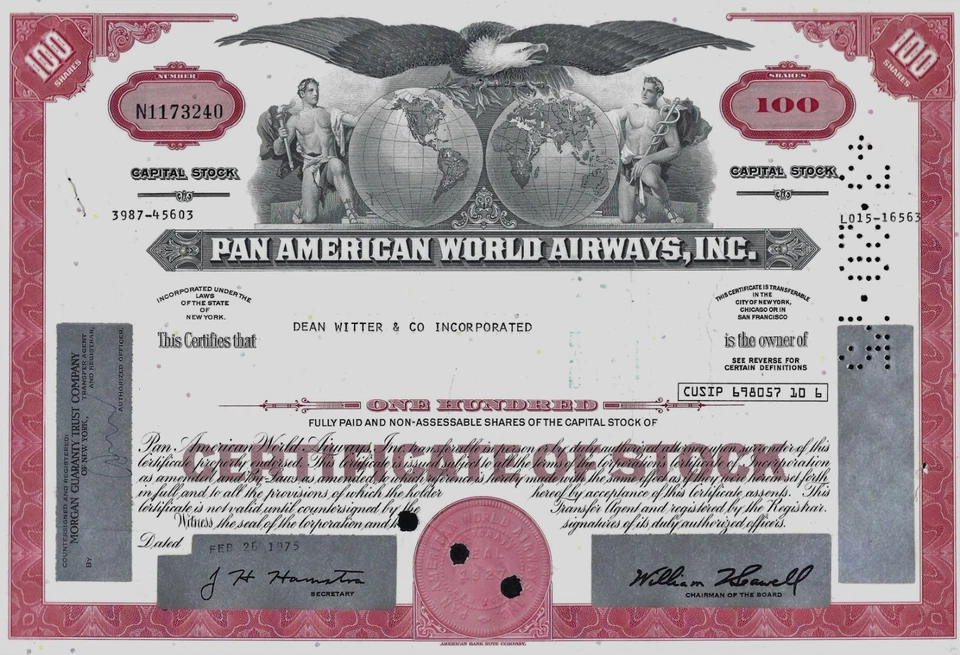 Pan American World Airways Inc., 1972 (100 Shares) - Dean Witter & Co - Bild 1 von 1
