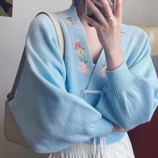 Women Knitted Cardigan Sweater Chinese Style Embroidered Jacket V-neck Sweater