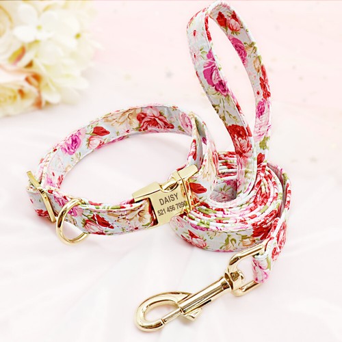 Dog Collar with Flower Pattern + Leash Metal Buckle Adjustable for Small Large - Picture 18 of 19