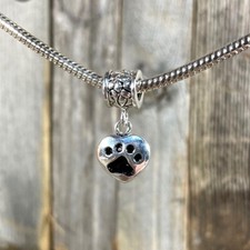 Love My Dog Paw Print Dangle Heart Silver European Charm Bead New
