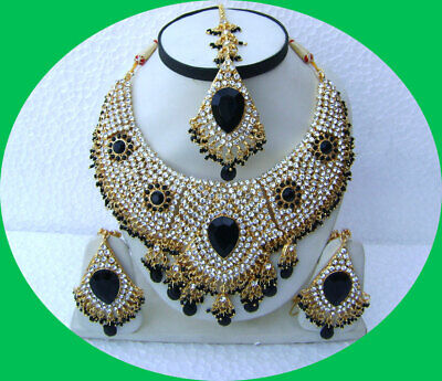 Gold Plated Handmade Kundan Zirconic Bollywood Necklace Set Earring Tika Jewelry