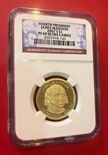 FOURTH PRESIDENT JAMES MADISON 2007 S DOLLAR NGC PF 69 ULTRA CAMEO