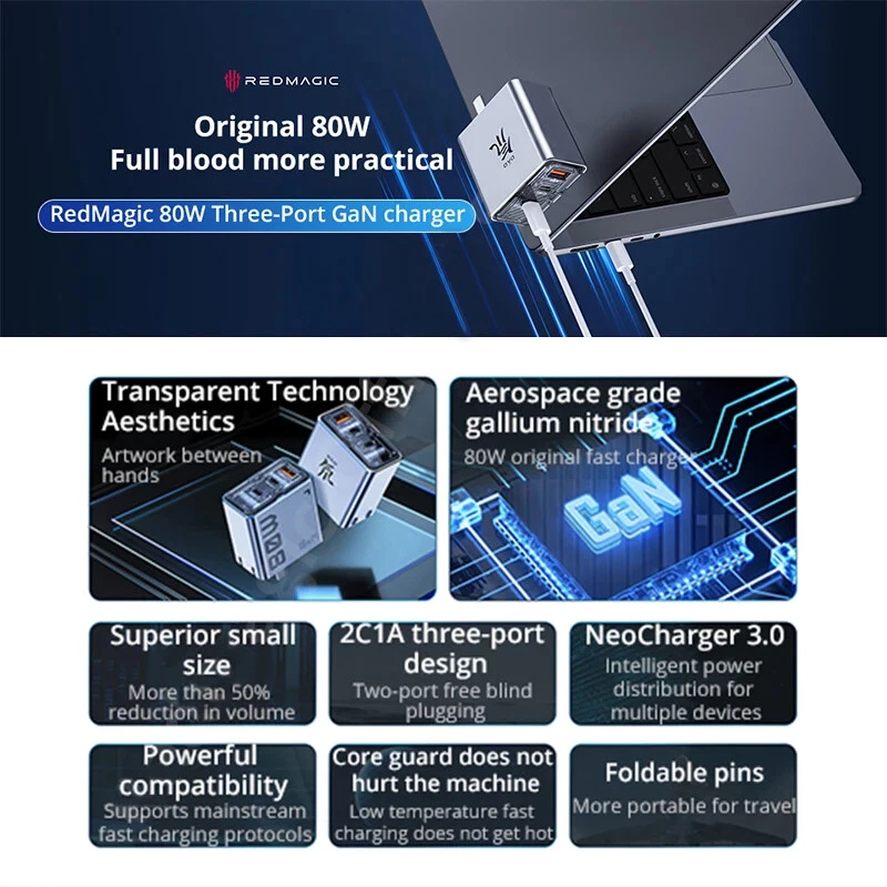 Cargador rápido original Nubia Redmagic 80W GaN5 cargador Dao Feng 80W GaN - Imagen 3 de 4