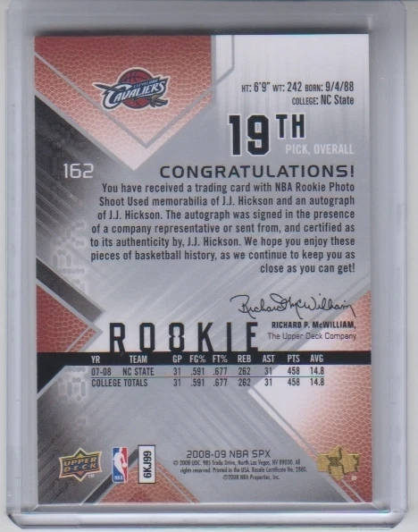 2008-09 SPX J.J. Hickson Rookie Autograph Jersey 461/599 #162 NM Condition - Image 2 of 2