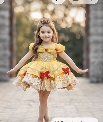 Belle Princess Tutu Dress Yellow Red Gold Lace Floral Bow Short Sleeve Party
