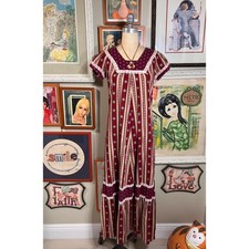 Liberty House Hawaiian 1970s Maxi Dress Maroon Floral Cotton Peasant Gown