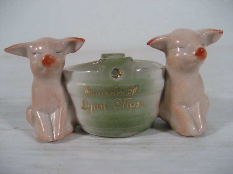 ANTIQUE GERMANY FARING PIGS PORCELAIN WITH WASH BUCKET LYNN MASS.