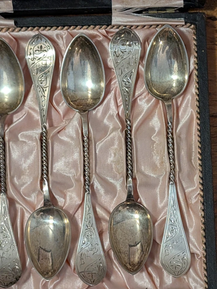 Set of 6 N.L.N. .830 Silver Coffee Tea Spoons Box Case Twisted Handle 5.75" Ag  - Image 4 of 4