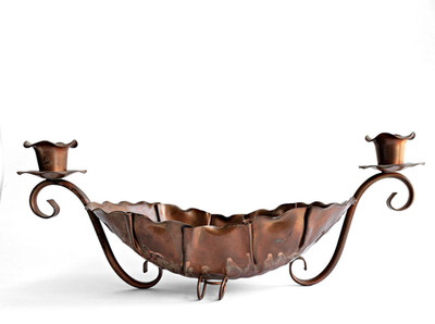 Vintage Gregorian Copper Bowl With Candle Holders Rustic Table Centerpiece 