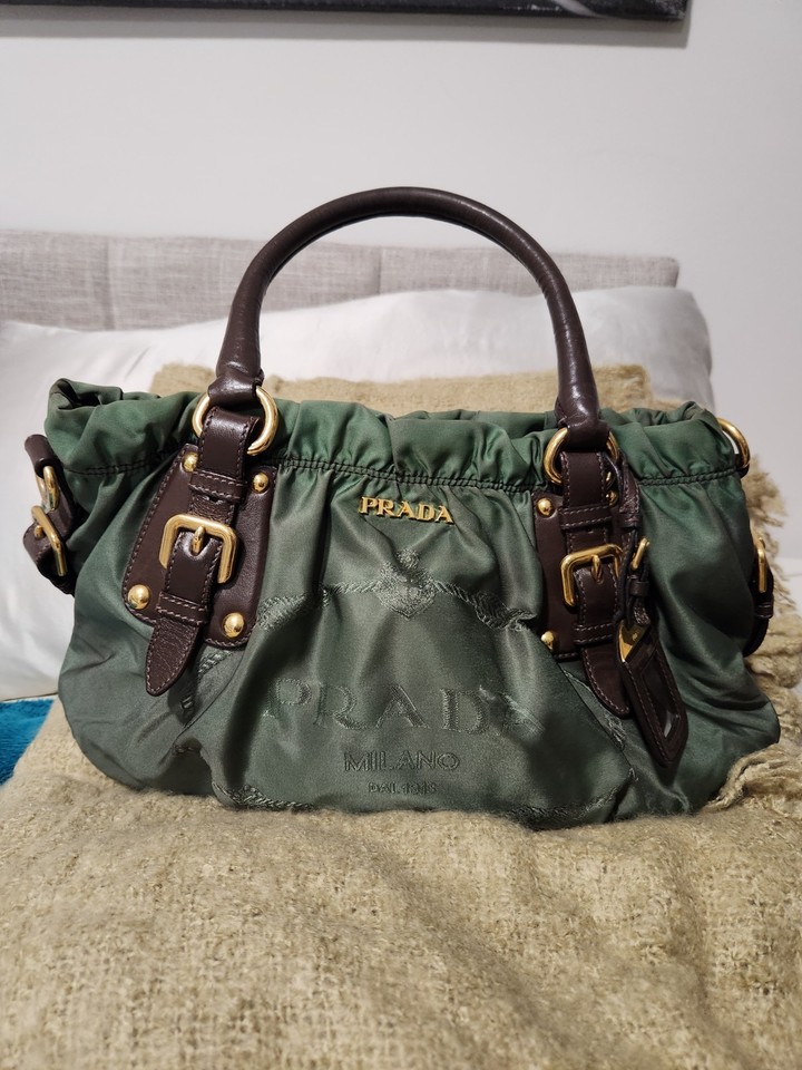 🤎💚 Authentic Prada Tessuto Nylon Gathered Satchel Bag 
