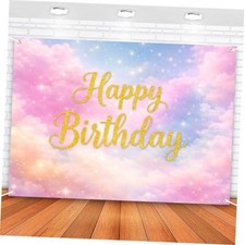 Happy Birthday Backdrop Pastel Cloud Pink Blue Sky Gold Glitter Banner 6x4ft