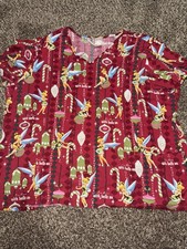 Disney Christmas Tinkerbell Retro Ornaments Bells On Scrub Top Womens 3XL Red