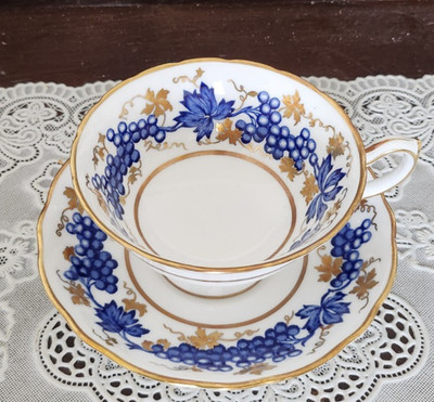 VINTAGE Hammersley & Co. Bone China Blue Grapevine Tea Cup & Saucer, England