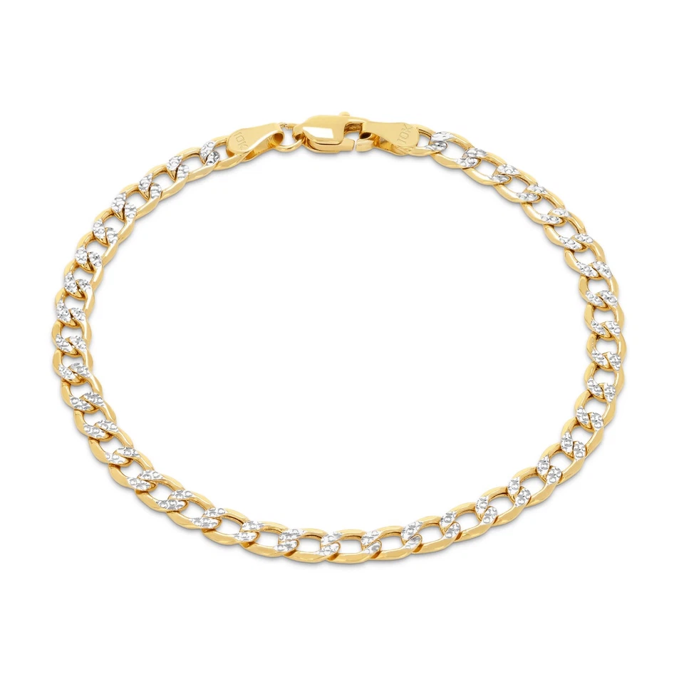 Pulseira masculina de ouro amarelo 10K corte diamante 4,5 mm pavê branco corrente cubana 8"