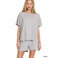 Zenana Soft Melange Short Sleeve Tee  Short Set Grey Size Large