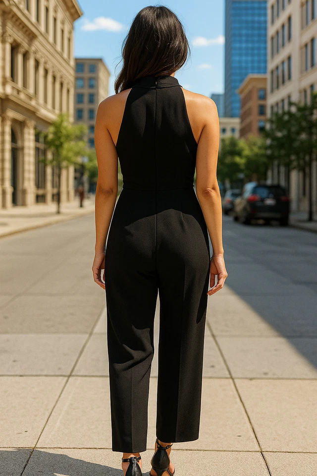 Mono Vince Camuto Para Mujer Talla 2 Negro Crape Piernas Anchas Cuello Atado Bolsillos Foto 2 de 4