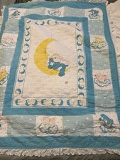Vintage 80  s Care Bears Baby Crib Blanket Quilt 32  x 43  Used Moon  Stars