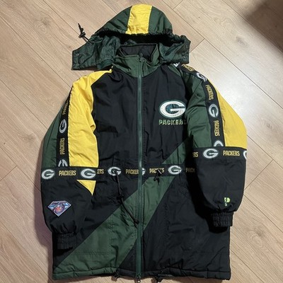 Green Bay Packer Pro Player Long Bench Jacket W/Hood Size XL 1994 Vintage