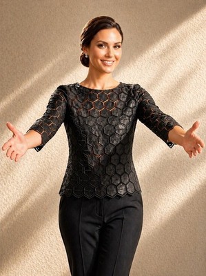 NEW $129 RSVP by Talbots Top Size XS Black Geometric Blouse Lace Overlay Top NEW