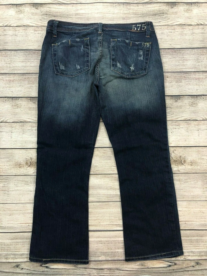 Pantalones de mezclilla recortados al tobillo desgastados 575 para mujer talla 28 elásticos lavado oscuro U13  Foto 3 de 4